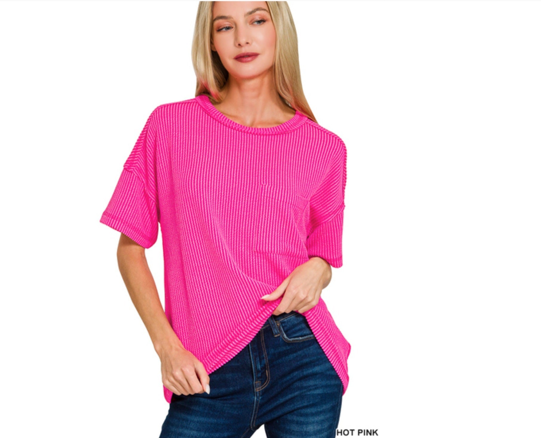 Raised Rib Exposed Seam Short Sleeve Top