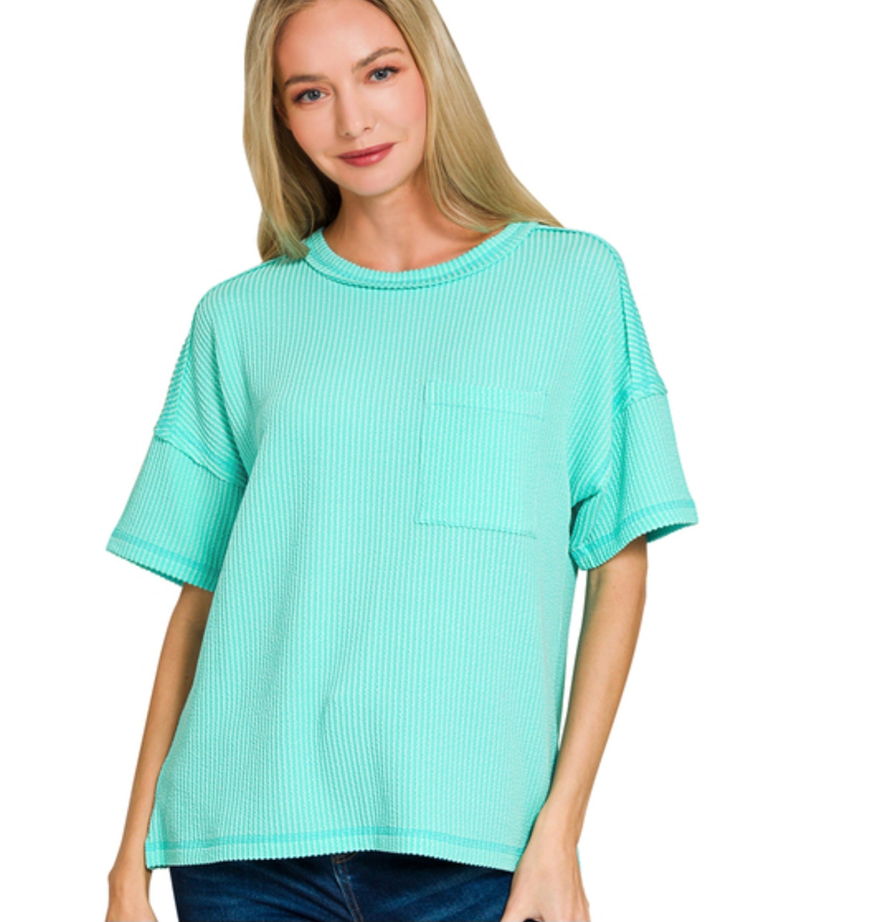 Raised Rib Exposed Seam Short Sleeve Top